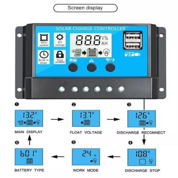 Controlador de cargador solar 12 - 24v 10a usb 5v